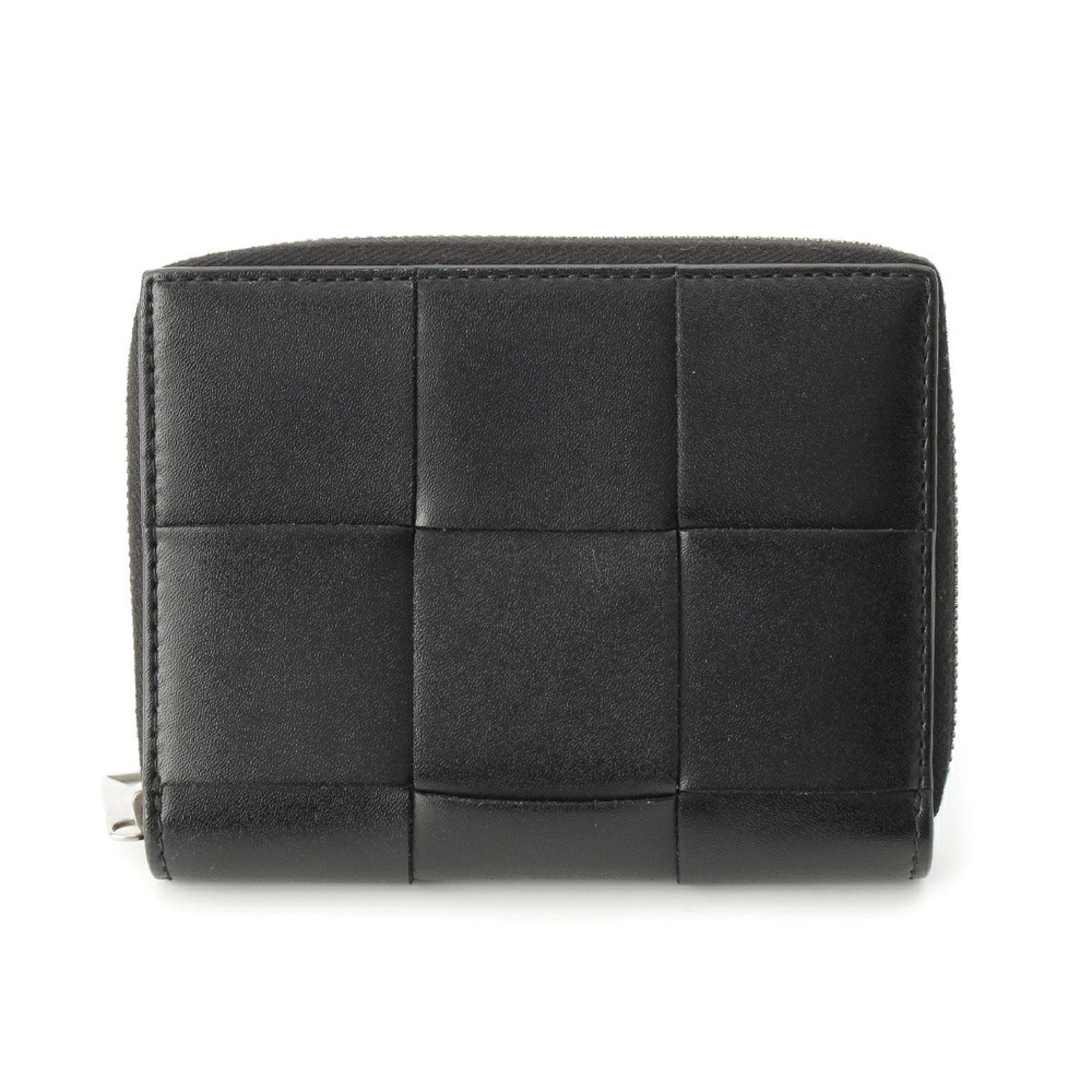 Bottega Veneta Leather Intrecciato Cassette Round Zip Bi fold Wallet Black